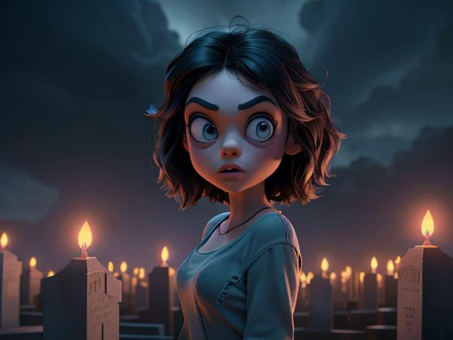 (disney:1.1)(pixar:1.3)(cartoon:1.1)(3D:1.1)
1girl:(Mila Kunis) (Tim Burton:1.2), cementery at night, lightning, clouds, dark atmosphere, candles, 
face:(Mila Kunis:1.2)
Photorealistic, Hyperrealistic, analog style, realistic, film photography, background ...