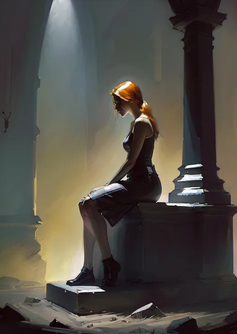 a painting of a woman sitting on a bench in a dark room