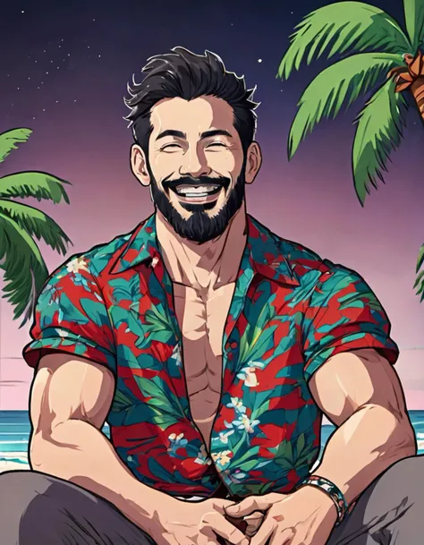 Outdoors nighttime, waning light, (backlit:0.7), manly, low angle, closeup, hairy chest, bara, laughing, looking at viewer, expressive, legs spread, bulge, sitting in beach chair, (goatee, gray eyes, open patterned hawaiian shirt), smirk, bulging red swim ...