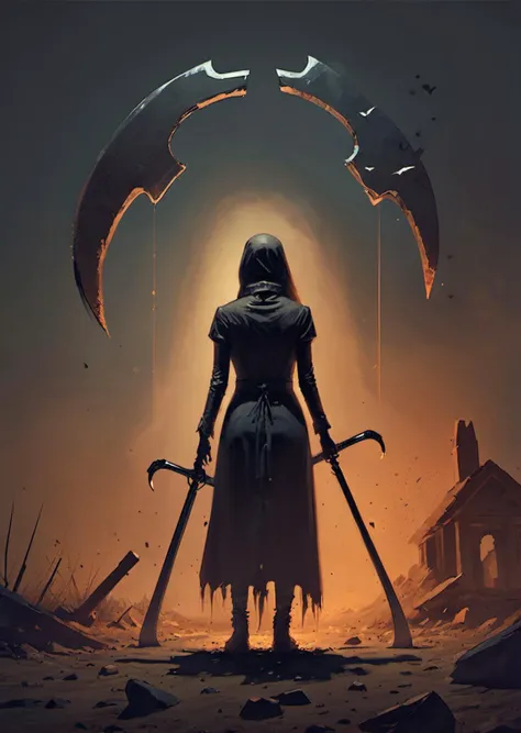 1girl,
holding  scythe, 
dark
shadow
dramatic lighting
 light particles, 
tombstone,
shattered bones
 (by Ben Templesmith )