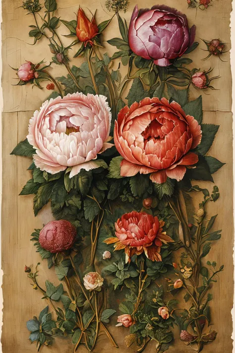 a painting of flowers on a wooden surface with leaves and flowers