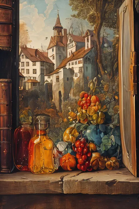 painting of a still life with a bottle of perfume and a bunch of fruit