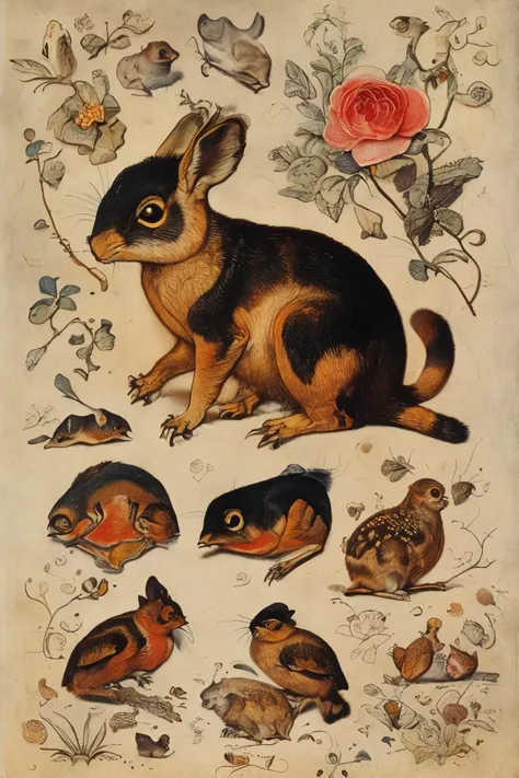 a painting of a rabbit and other animals in a garden