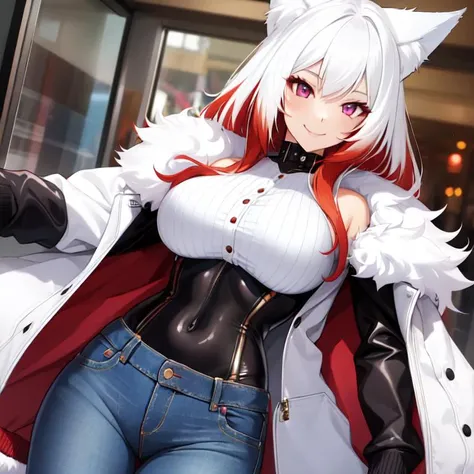 1girl, Female body allure, Long hair, White hair with Red Streaks hair, Purple eyes, Large breasts, Discreet smile, closed mouth, Fox ears, Sleeve Bodysuit Paired with slim jeans, White Jacket, fur on jacket, fur on cloth