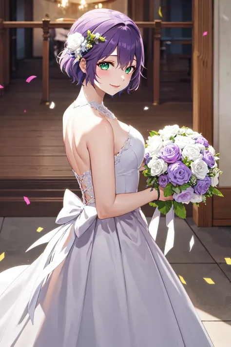 masterpiece, best quality, highres, 1girl, solo, short hair, purple hair, green eyes, <lora:segawa_hiro_v1:0.7>, wedding dress, white dress, holding bouquet, smile, confetti,