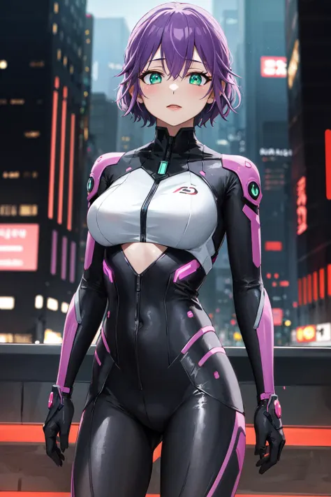 masterpiece, best quality, highres, 1girl, solo, short hair, purple hair, green eyes, <lora:segawa_hiro_v1:0.7>, cyberpunk, bodysuit, gloves, standing, cowboy shot, city, night