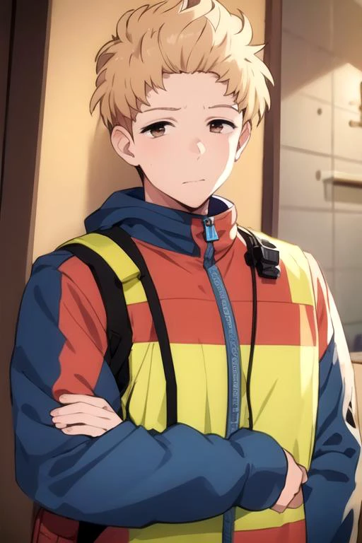 masterpiece, best quality, , 1boy, solo, male focus, looking at viewer, upper body, depth of field, <lora:shinnosuke_kamei:0.74>, shinnosuke_kamei, blonde hair, brown eyes, firefighter costume, , HD