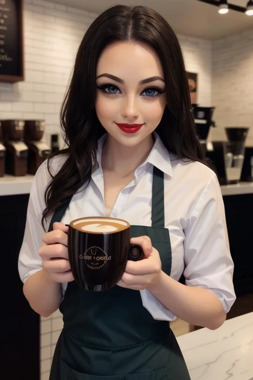 <lora:ashley-05:0.5>, ashley,photo of a woman, epic,  , ((dark brown hair)), ((barista uniform, barista outfit, apron, coffee shop, coffee cup)),smiling, (red lipstick, blush), ((best quality, masterpiece, extreme details, high resolution):1.2),((detailed ...