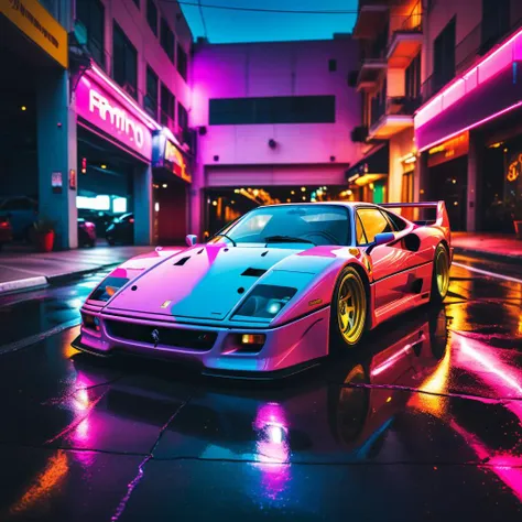 a pink and blue car parked in front of a neon building