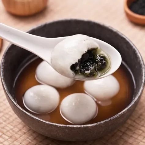 For a realistic style image of a spoon with some food in it,<lora:Tang_yuan:0.85>,week filling  ,smoky,hot