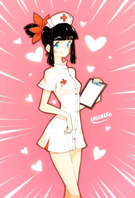 <lora:Chloe_srgrafo_for_PonyXL:1>, chloe (srgrafo), 1girl, solo, nurse, nurse cap, hat, smile, clipboard, looking at viewer, short sleeves, holding, heart, short hair, pen, bangs, character name, emphasis lines, artist name, pink background, bandaid, dress...