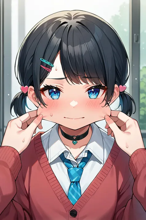 anime girl with black hair and blue eyes wearing a red sweater