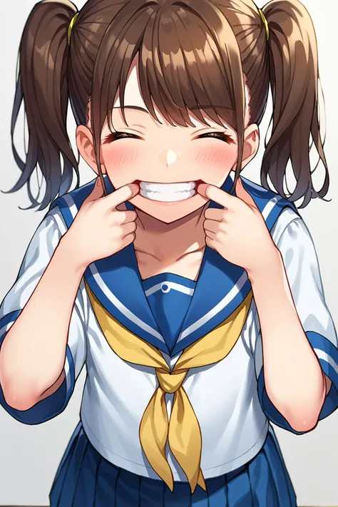 anime girl with ponytails and a sailor uniform brushing her teeth