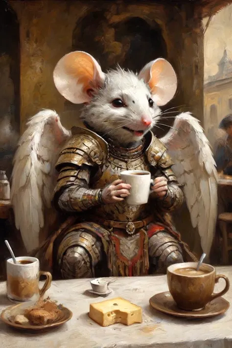 Absurd wabi-sabi mouse with cheese as Venezuelan Angel,  drinking coffee in a cafe,  dressed in Elegant Tribal Age armor