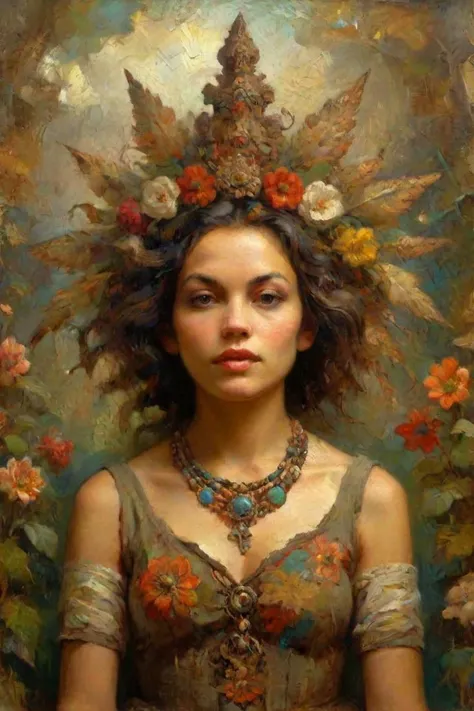 a painting of a woman with a flower crown on her head