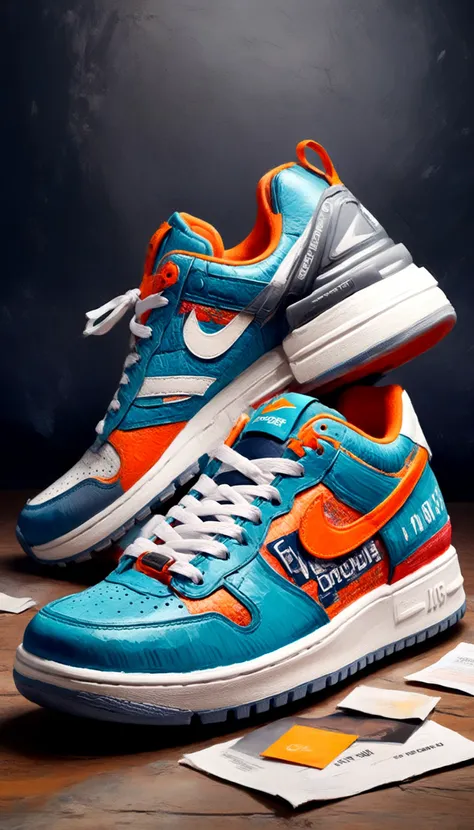 a pair of blue and orange sneakers sitting on top of a wooden table