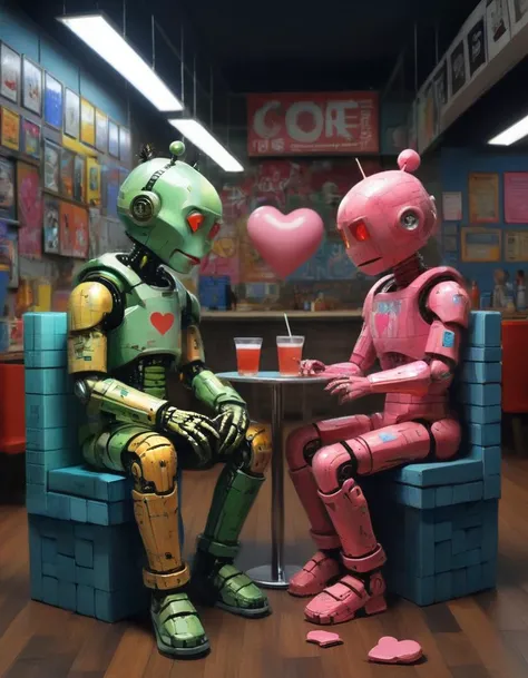 robots sitting at a table with a heart shaped balloon in the background