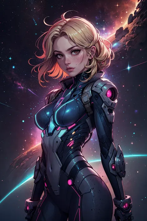 a woman in a futuristic suit with a futuristic background