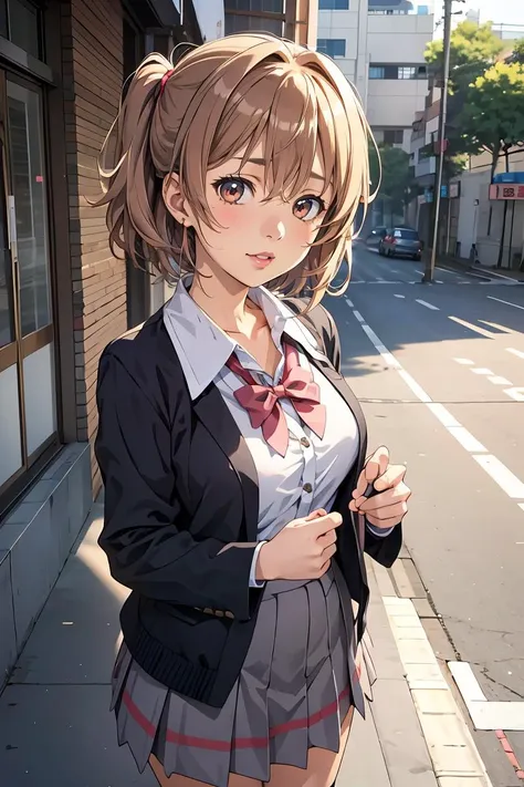 anime girl in school uniform standing on the sidewalk in front of a building