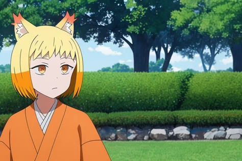 anime character with yellow hair and orange outfit standing in front of bushes