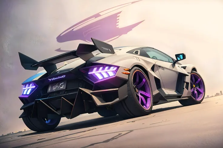 a close up of a car with a purple rim and a wing