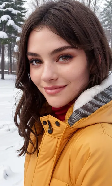 gracieabrams2023, 1girl, 8k, uhd, best quality, masterpiece, turtleneck, jeans, upper body, closeup, skin pores, detailed skin, brown eyes, photorealistic, 5 fingers, smiling,  cold weather, snow, elegant jacket