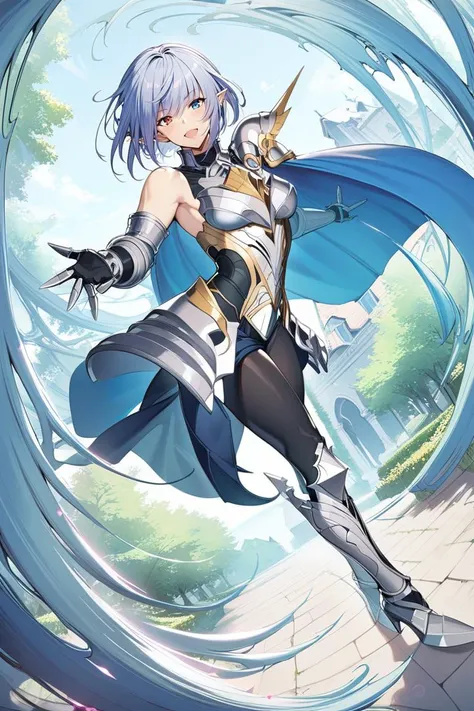 1girl, grmsd, absurdly long hair,  pointy ears, heterochromia, blue eye, red eye, armor, gauntlets, pauldron, armored boots, cape, greaves,  ((high quality:1.2, masterpiece:1.2)), highly detail,  dynamic angle, rating: sensitive, happy, mile shoot, facing ...