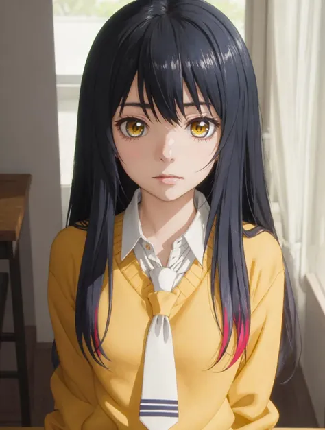 anime girl with long black hair wearing a yellow shirt and tie