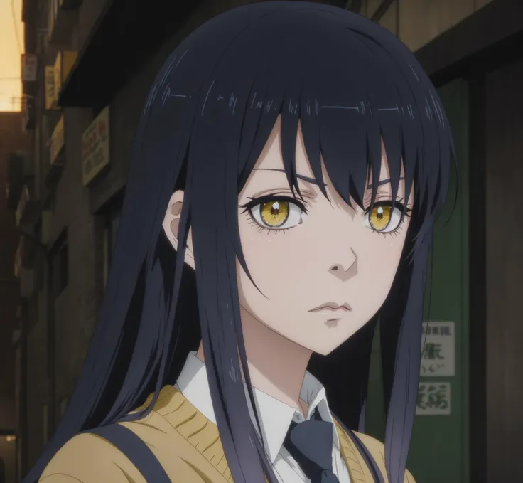 anime girl with long black hair and yellow eyes in a school uniform