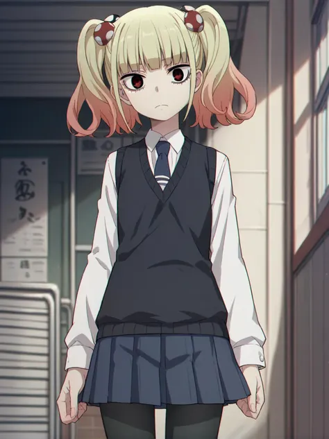 anime girl in school uniform standing in a hallway with a door open