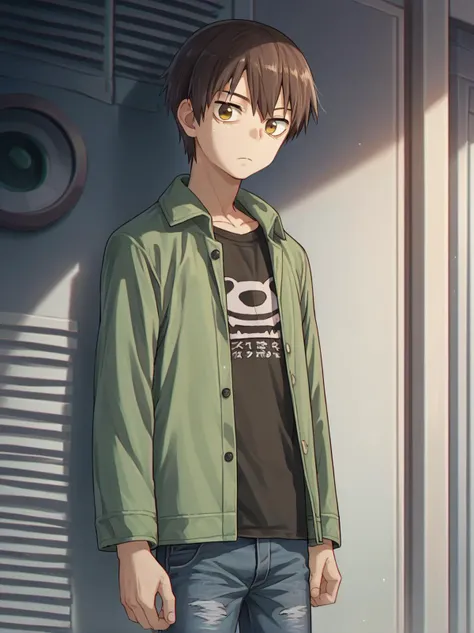 anime boy in green jacket standing in front of a door