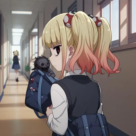 anime girl with blonde hair holding a small black dog in a school hallway