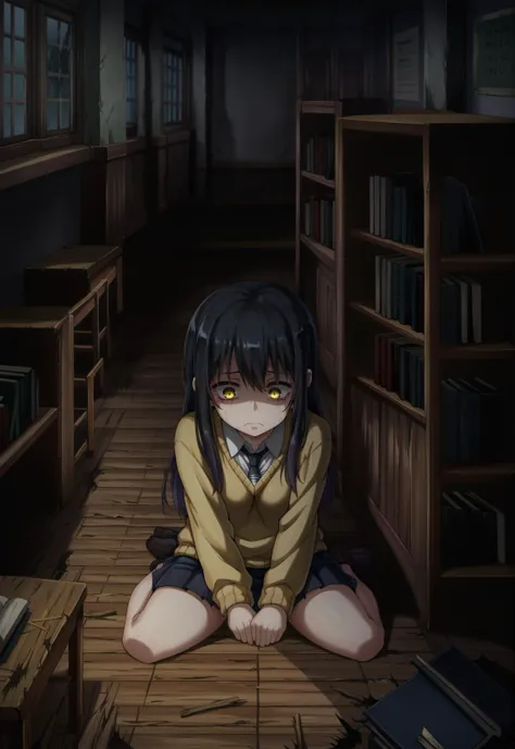 anime girl sitting on the floor in a library with books