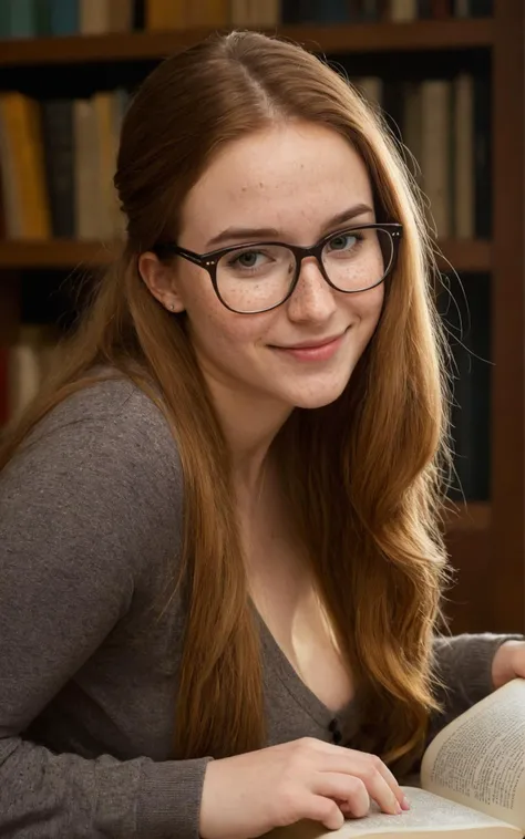 arafed woman wearing glasses reading a book in a library