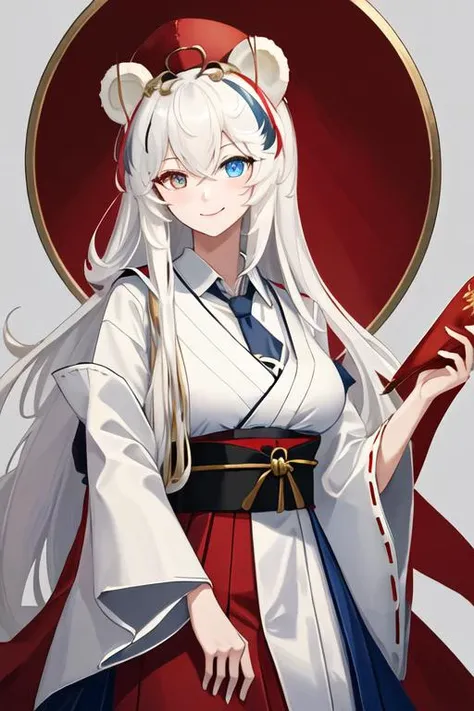 best quality, masterpiece, highres, solo, {white kimono:1.35}, {red hakama:1.35}, {wide sleeves:1.20}, {rosa_arknights:1.15}, animal_ears, bear_ears, long_hair, white_hair, blue_eyes, heterochromia, multicolored_hair, streaked_hair, hat, blue_hair, red_eye...