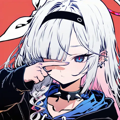 anime girl with white hair and black jacket pointing at her nose