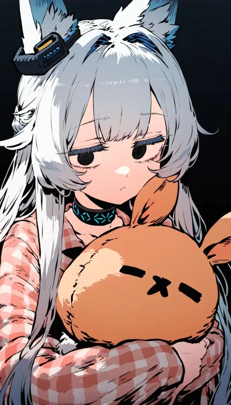 anime girl with white hair holding a stuffed animal