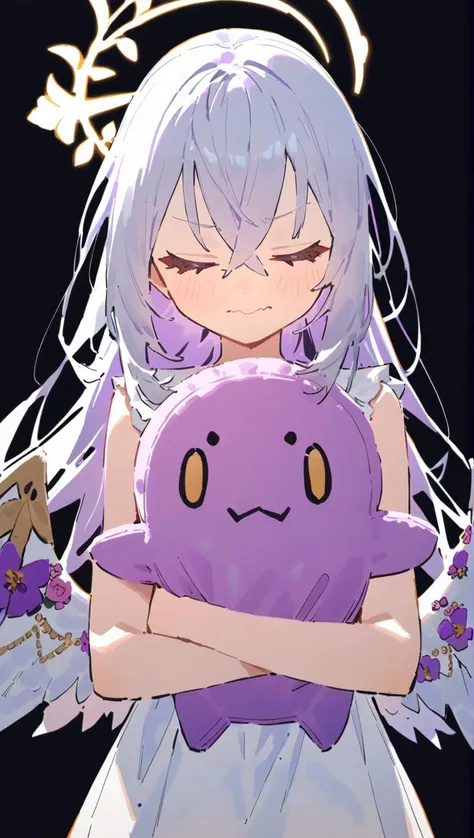 anime girl with purple hair holding a purple stuffed animal