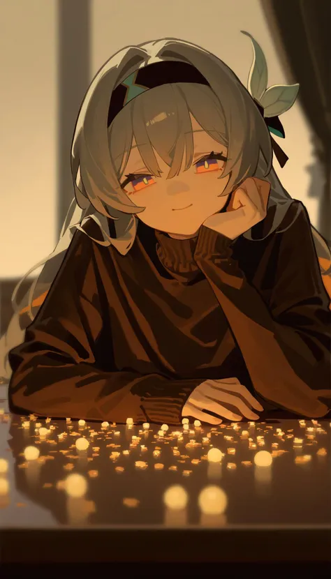 anime girl with a black hoodie and a brown shirt sitting at a table