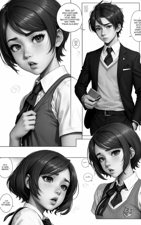 a close up of a comic strip with a girl in a school uniform