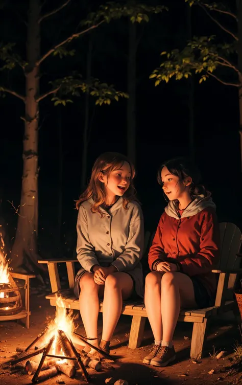 two women sitting on a bench next to a campfire