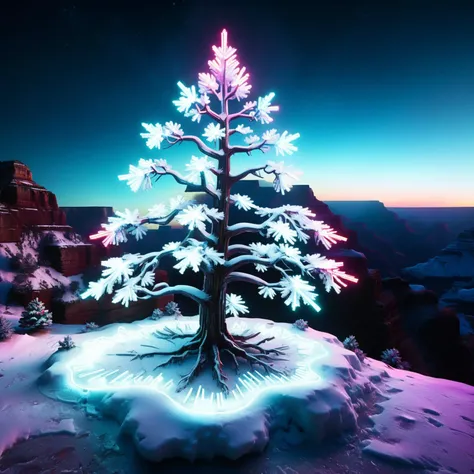 a close up of a tree on a snowy surface with a sky background