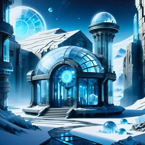 hyper detailed masterpiece, dynamic realistic digital art, awesome quality,DonMFr0stP4nkXL celestial time anomaly observatory, concrete tiles roof,rhyolite stone,composite materials, wall-mounted sconces, in-ground well lights,snow, ice  <lora:DonMFr0stP4n...