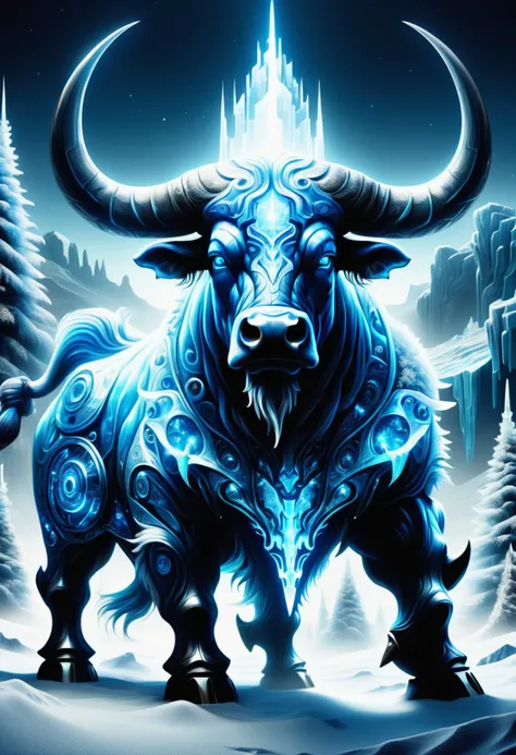 a blue bull with horns and a large horn is standing in the snow