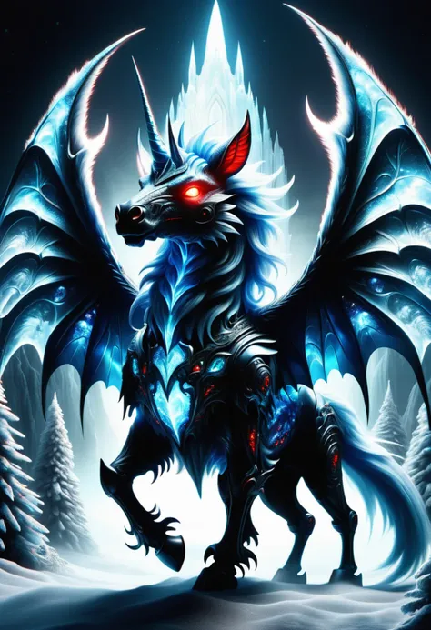 a black and blue dragon with red eyes standing in the snow