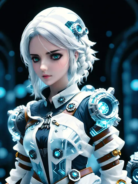 cinematic photo ciri wearing a frost mecha suit <lora:DonMFr0stP4nkXL:1> donmfr0stp4nkxl <lora:attractive:1> <lora:xl_more_art-full_v1:0.3> <lora:ciri_prodigy_21:1> ciri_w3, breasts, <lora:LCM_LoRA_Weights:0.7>, style of Justin Gerard, style of George B. B...