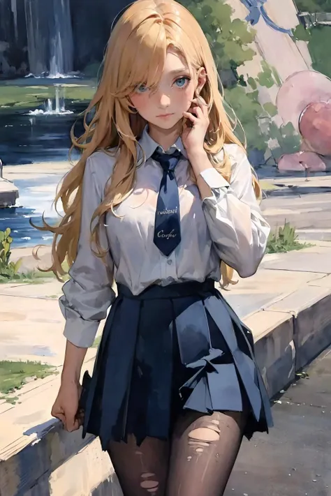 anime girl in a school uniform talking on a cell phone