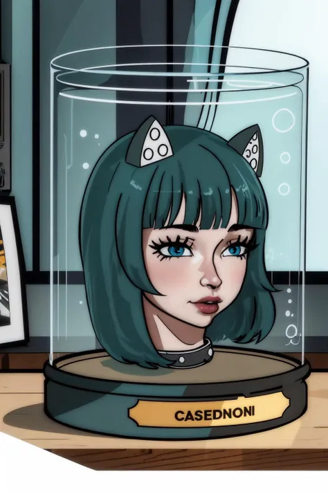 a cartoon of a woman with green hair and cat ears in a glass