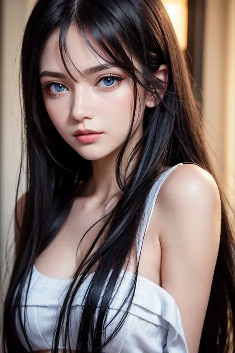 masterpiece, best quality, beautiful young woman, shiny blue eyes, (detailed pupils:1.2), eyelash, beautiful light black hair, s...