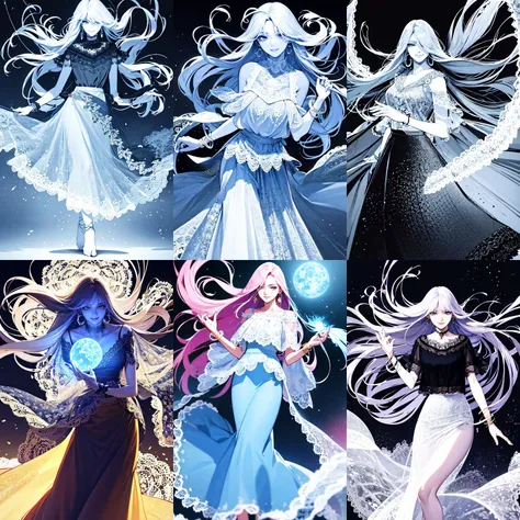 anime characters dressed in white and blue with long hair